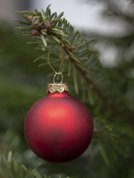 Tiro Vertical Una Bola Roja Del Árbol Navidad —  Fotos de Stock