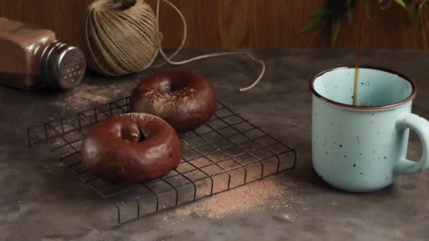 Cup Coffee Chocolate Donuts Wooden Background — Video Stock