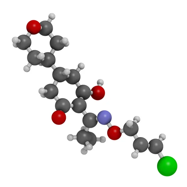 Tepraloxydim除草剂分子 3D渲染 原子被表示为具有常规颜色编码的球体 — 图库照片