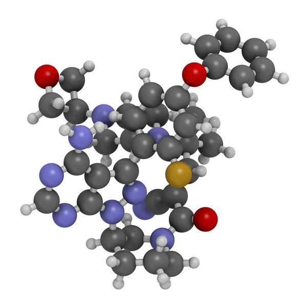 リルツブラブチニブ薬分子 3Dレンダリング 原子は従来のカラーコーディングを持つ球として表されます — ストック写真