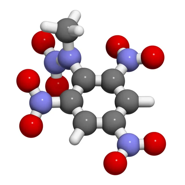 Molecula Explozivă Tetril Redare Atomii Sunt Reprezentați Sfere Codificare Convențională — Fotografie, imagine de stoc