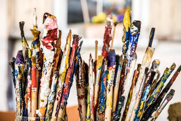 Shallow Focus Closeup Shot Paintbrush Heads Different Color Paints — Stock Photo, Image