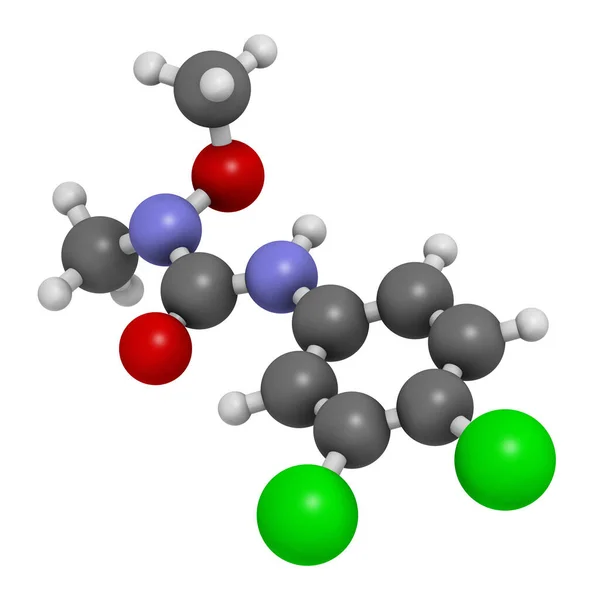Molécula Herbicida Linuron Representación Los Átomos Representan Como Esferas Con — Foto de Stock