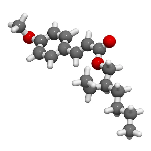 Octyl Methoxycinnamaat Octinoxaat Zonnebrandmolecuul Weergave Atomen Worden Weergegeven Als Bollen — Stockfoto