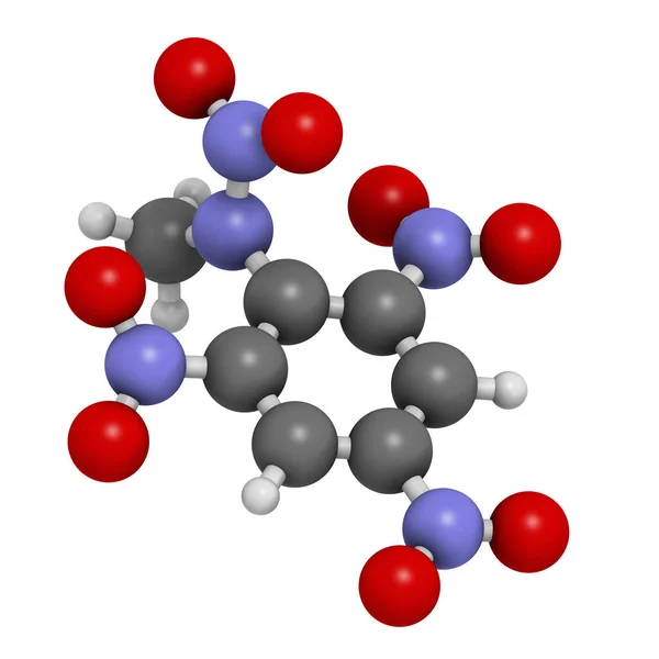 テトリル爆発物分子 3Dレンダリング 原子は従来のカラーコーディングを持つ球として表されます — ストック写真