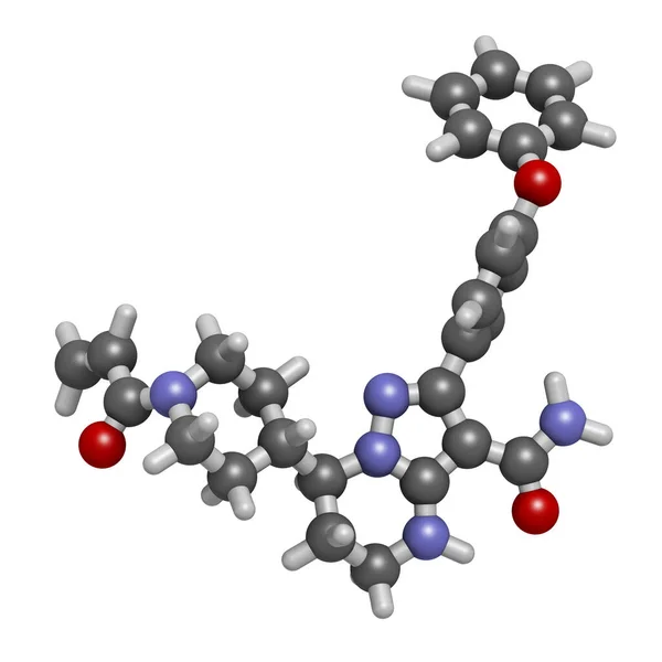 ザヌブルーチニブのがん薬分子 3Dレンダリング 原子は従来のカラーコーディングを持つ球として表されます — ストック写真