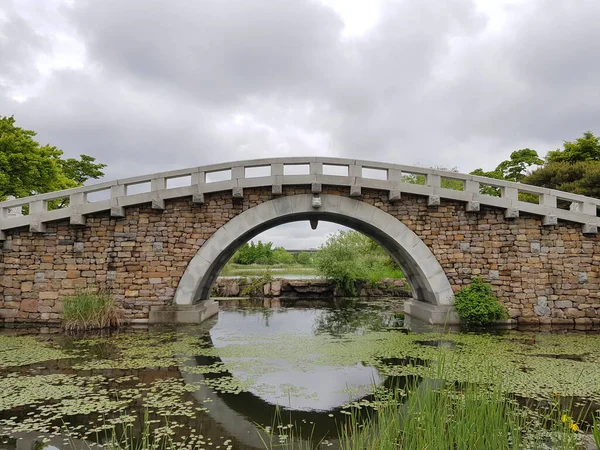 曇った空を背景に睡蓮と湖の上の石造りのアーチ橋 — ストック写真