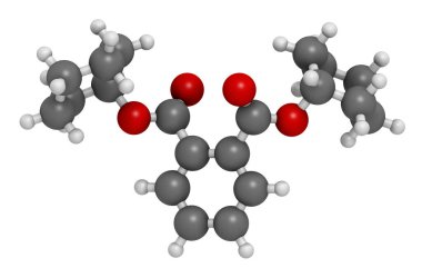 Dicyclohexyl phthalate (DCP) plasticizer molecule. 3D rendering. Atoms are represented as spheres with conventional color coding. clipart