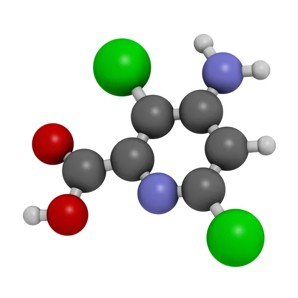 アミノピラリド系除草剤分子 3Dレンダリング 原子は従来のカラーコーディングを持つ球として表されます — ストック写真