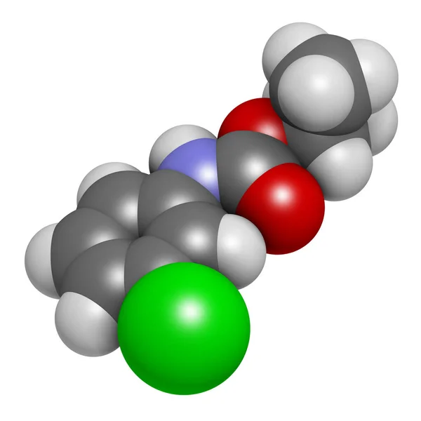 氯丙烷除草剂分子 3D渲染 原子被表示为具有常规颜色编码的球体 — 图库照片