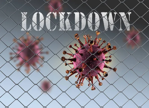 Egy Láncszem Kerítés Egy Kovid Baktérium Szó Lockdown Háttérben — Stock Fotó