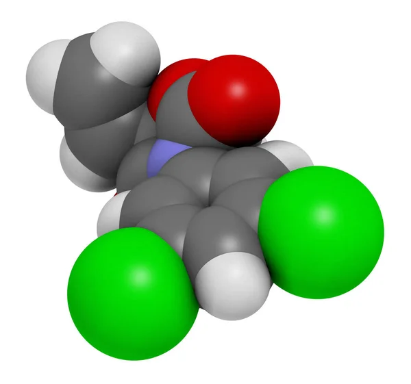 ビンクロゾリン殺菌分子 3Dレンダリング 原子は従来のカラーコーディングを持つ球として表されます — ストック写真