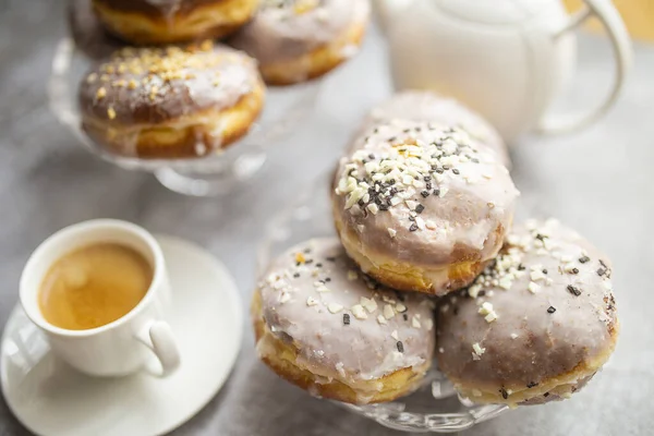 Gros Plan Donuts Polonais Paczki Avec Une Tasse Café — Photo