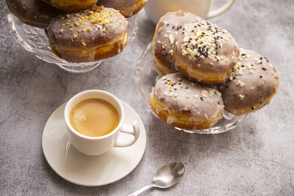 Primer Plano Donuts Paczki Polacos Con Una Taza Café —  Fotos de Stock