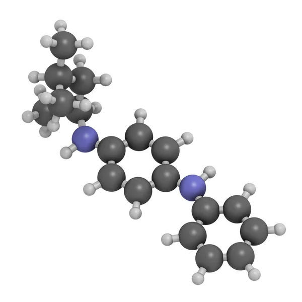 6Ppd橡胶添加剂分子 对鲑鱼有毒 3D渲染 原子被表示为具有常规颜色编码的球体 — 图库照片