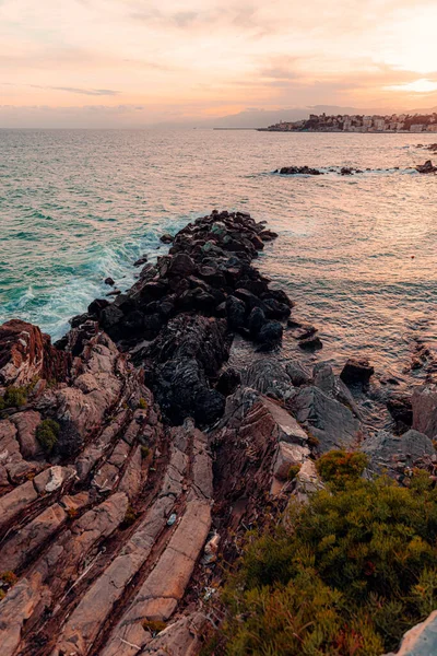 Mar Ciudad Fondo Visto Desde Costa Rocosa Genova Italia —  Fotos de Stock