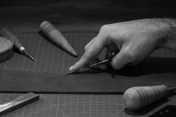 Grayscale Closeup Man Hand Working Tool Leather Crafting — Stock Photo, Image