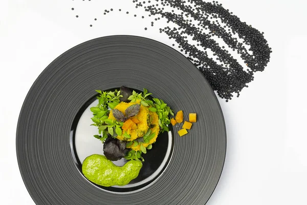 Top View Vegan Pumpkin Quinoa Cutlets Black Plate — Stock Photo, Image