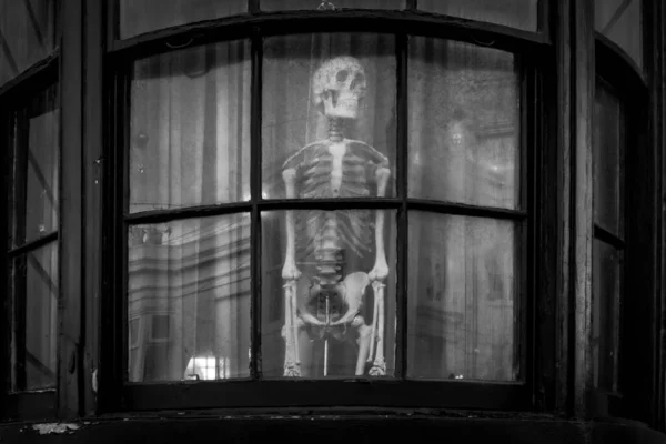 Ett Gråskaleskott Ett Skelett Inuti Byggnad Sett Genom Ett Fönster — Stockfoto