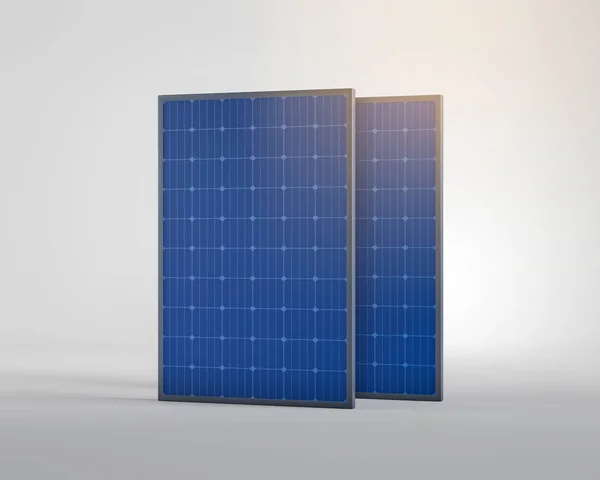 白色背景上的两个太阳能电池板的三维渲染 其上闪烁着光芒 — 图库照片