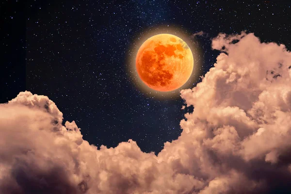 Bloody Full Moon Starry Cloudy Sky — Stock Photo, Image