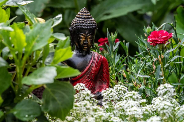 Снимок Черного Будды Клумбе Окружении Разных Растений — стоковое фото