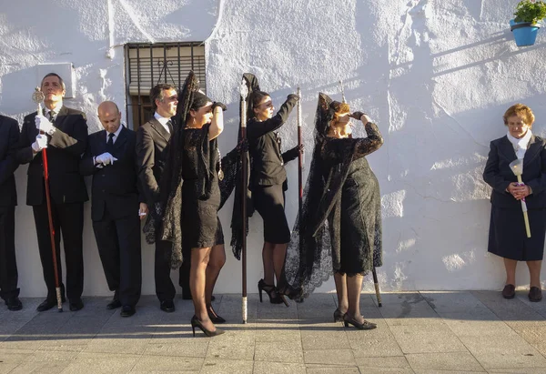 Mijas Hiszpania Marca 2016 Kobiety Ubrane Tradycyjny Czarny Welon Mantilli — Zdjęcie stockowe