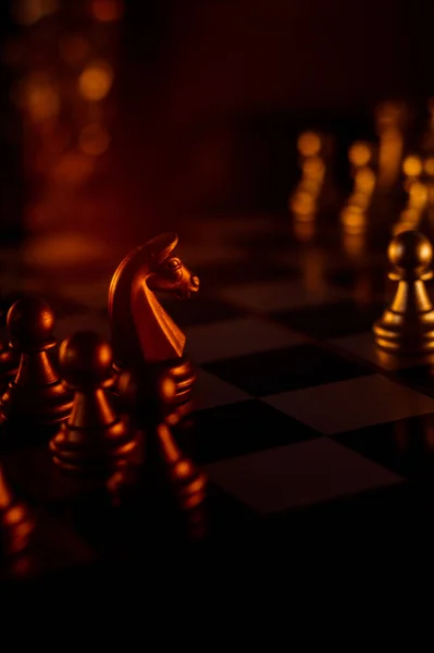 Vertical Closeup Shot Metal Chessmen Board Illuminated Bright Light — Stock Photo, Image