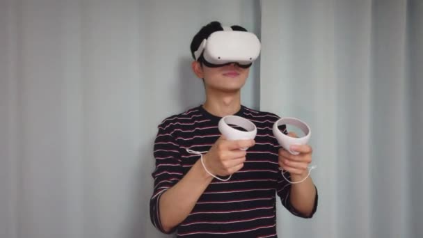 Footage Handsome Young Asian Man Headset Home — Vídeo de Stock