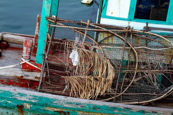 Közelkép Egy Hagyományos Halászhajóról Halászati Felszerelésről Thaiföldön — Stock Fotó