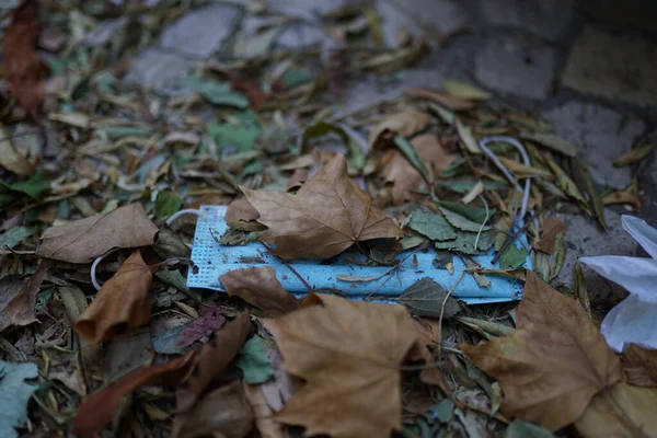 Een Close Shot Van Een Medisch Gezichtsmasker Grond Tussen Bladeren — Stockfoto