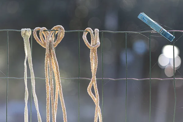 Metalowy Płot Zewnątrz Sznurkami Kołek Ubraniami Rozmytym Tle Światłami Bokeh — Zdjęcie stockowe