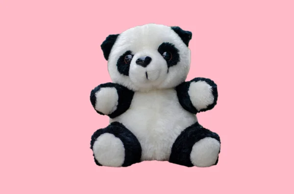 Primo Piano Piccolo Giocattolo Panda Bianco Nero Isolato Sfondo Rosa — Foto Stock