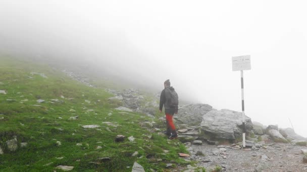 Footage Young Man Trekking Mountains Foggy Day — Video Stock