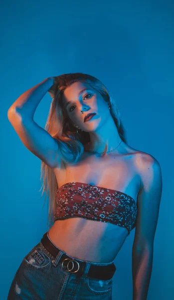 Seductive Young Spanish Female Wearing Sexy Top Posing Studio Blue — Fotografia de Stock