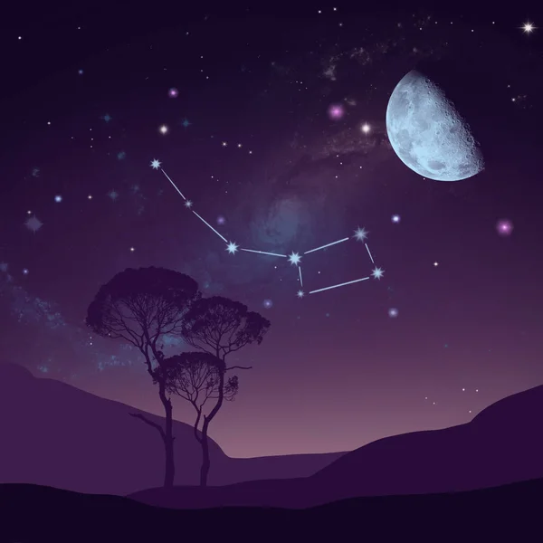 Прекрасна Загадкова Ілюстрація Зоряного Неба Місяцем Ньому Деревами Відтінках Фіолетового — стокове фото