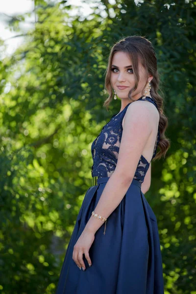 Beautiful Caucasian Female Bosnia Herzegovina Wearing Elegant Blue Dress — Stock Photo, Image