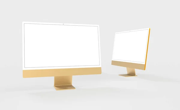 白い背景に隔離された白い画面上の居心地の良い空間を持つ2台のモニターの3Dレンダリング — ストック写真