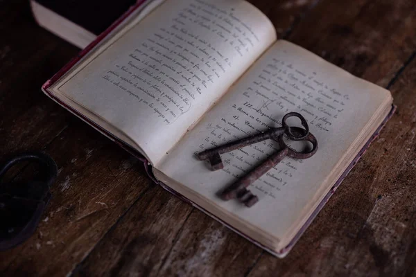 Closeup Old Metal Keys Book — Stock Photo, Image