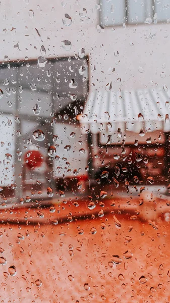 Primer Plano Las Gotas Lluvia Cristalina Ventana Vidrio Transparente — Foto de Stock