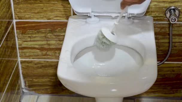 Beeldmateriaal Van Een Vrouw Die Het Toilet Schoonmaakt — Stockvideo
