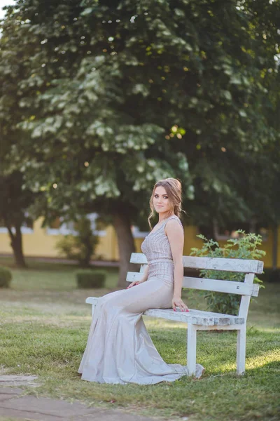 Beautiful Caucasian Female Bosnia Herzegovina Elegant Dress Sitting Wooden Bench — Zdjęcie stockowe