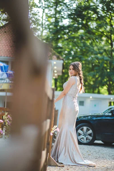 Piękna Biała Kobieta Bośni Hercegowiny Eleganckiej Sukience Stojąca Przy Ogrodzeniu — Zdjęcie stockowe