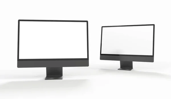 Dwa Monitory Komputerowe Copyspace Białym Ekranie Odizolowane Białym Tle — Zdjęcie stockowe