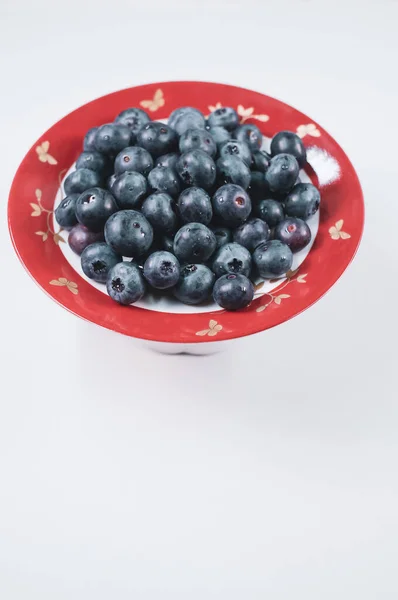 Vertical Closeup Red Plate Blueberry Gray Background — Stock Photo, Image