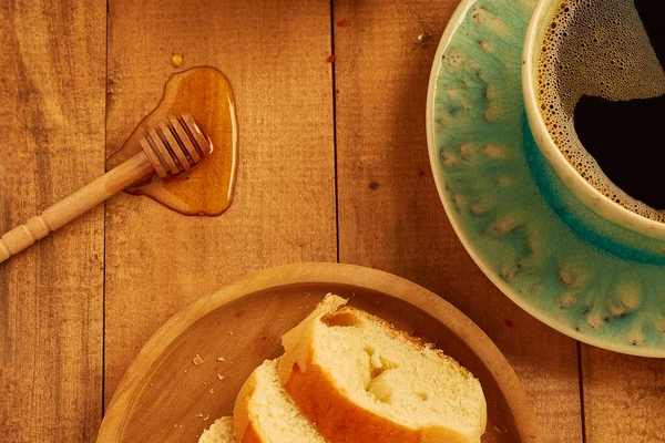 Top View Breakfast Table Spilled Honey Bread Coffee — Stock Photo, Image