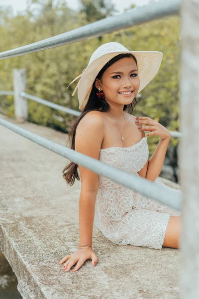 Vertical Shot Sexy Asian Female Summer Outfit Hat Posing Outdoors — Stock Fotó