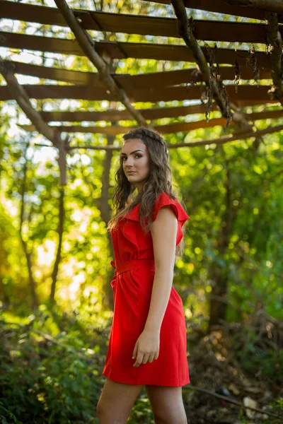 Shallow Focus Shot Young Woman Standing Red Dress — Zdjęcie stockowe