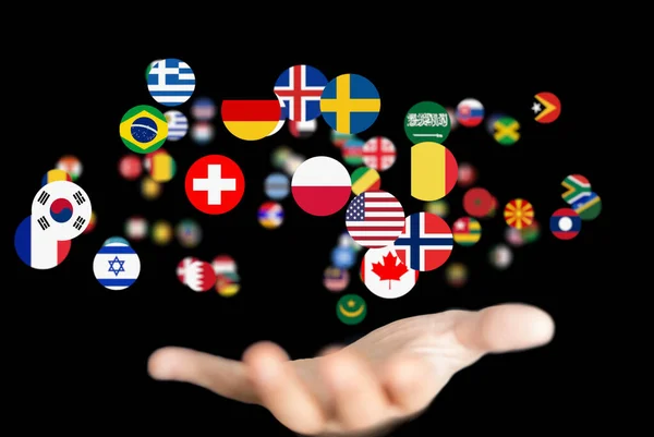 Person Presenting Virtual Projection Flags Different Countries — Stock Photo, Image