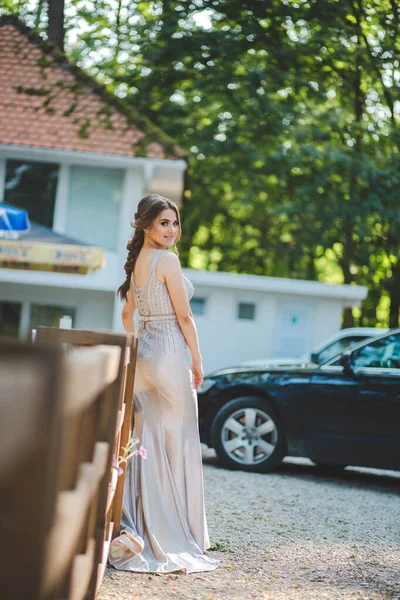 Mělký Záběr Mladé Ženy Pózující Plotu Stříbrných Šatech — Stock fotografie